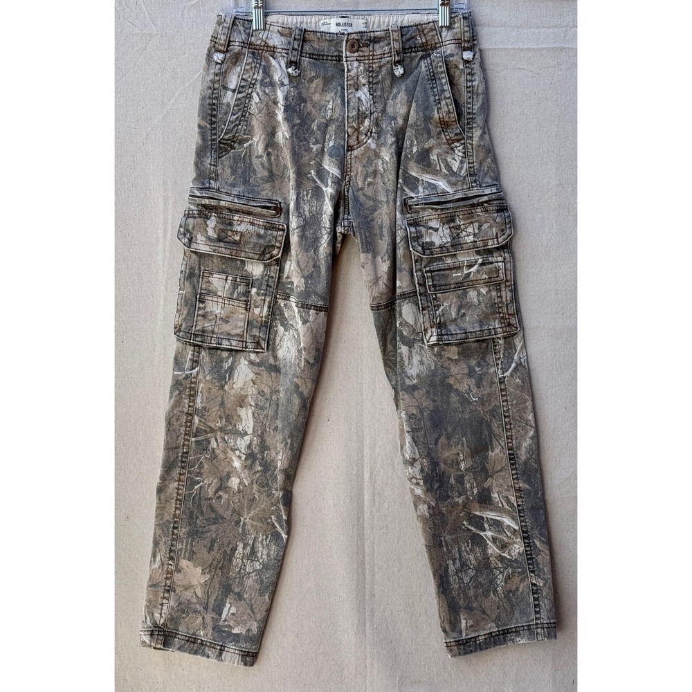 Hollister Men Loose Fit Cargo Pants Camo Leaf Print Brown Grey W29 L32